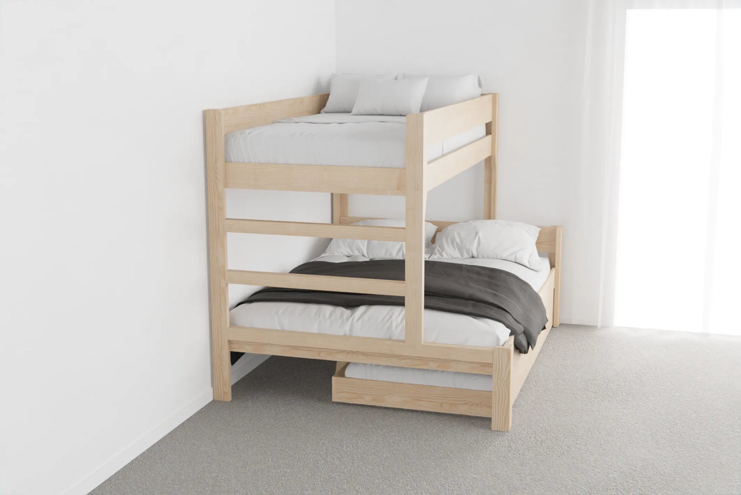 NZ pine family bunk bed with pull-out trundle bed extended, showing three sleeping spaces in a compact kids’ room