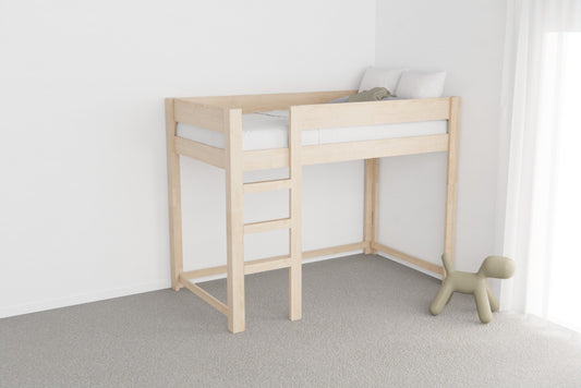 Loft bed for kids — sturdy pine frame, timeless look, fits storage or extra mattress