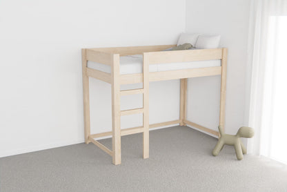 Single-size wooden loft bed with storage stairs and cupboards for a smart space-saving setup