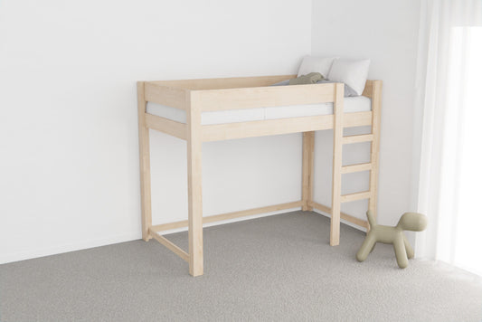 Wooden loft bed for children — solid NZ pine frame with custom height and ladder