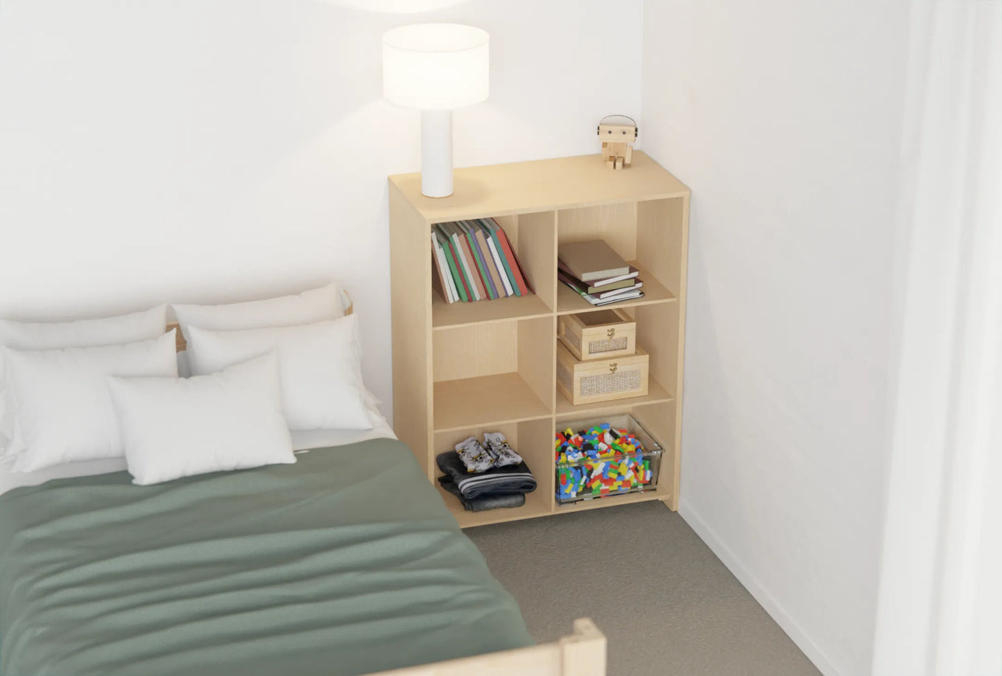 Open birch plywood kids’ storage cupboard with six compartments for books, toys and baskets at child height