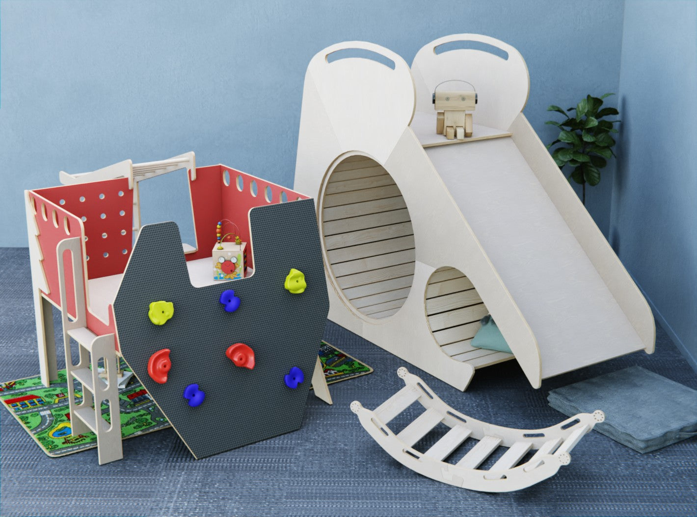 Children playing on an indoor mini playground with a smooth slide and sturdy climbing wall