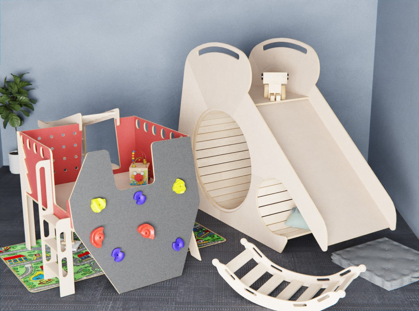 Indoor playset with slide, climbing wall, and rolling drum for active play at home