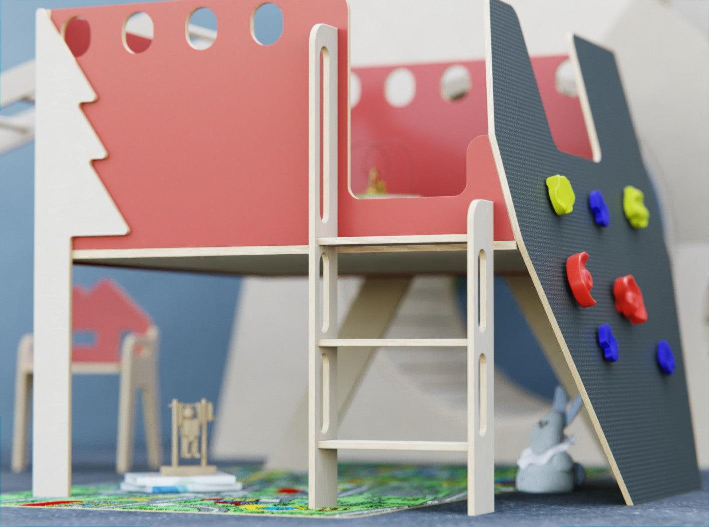 Multifunctional playroom equipment with a climbing wall, slide, and rolling drum for endless fun