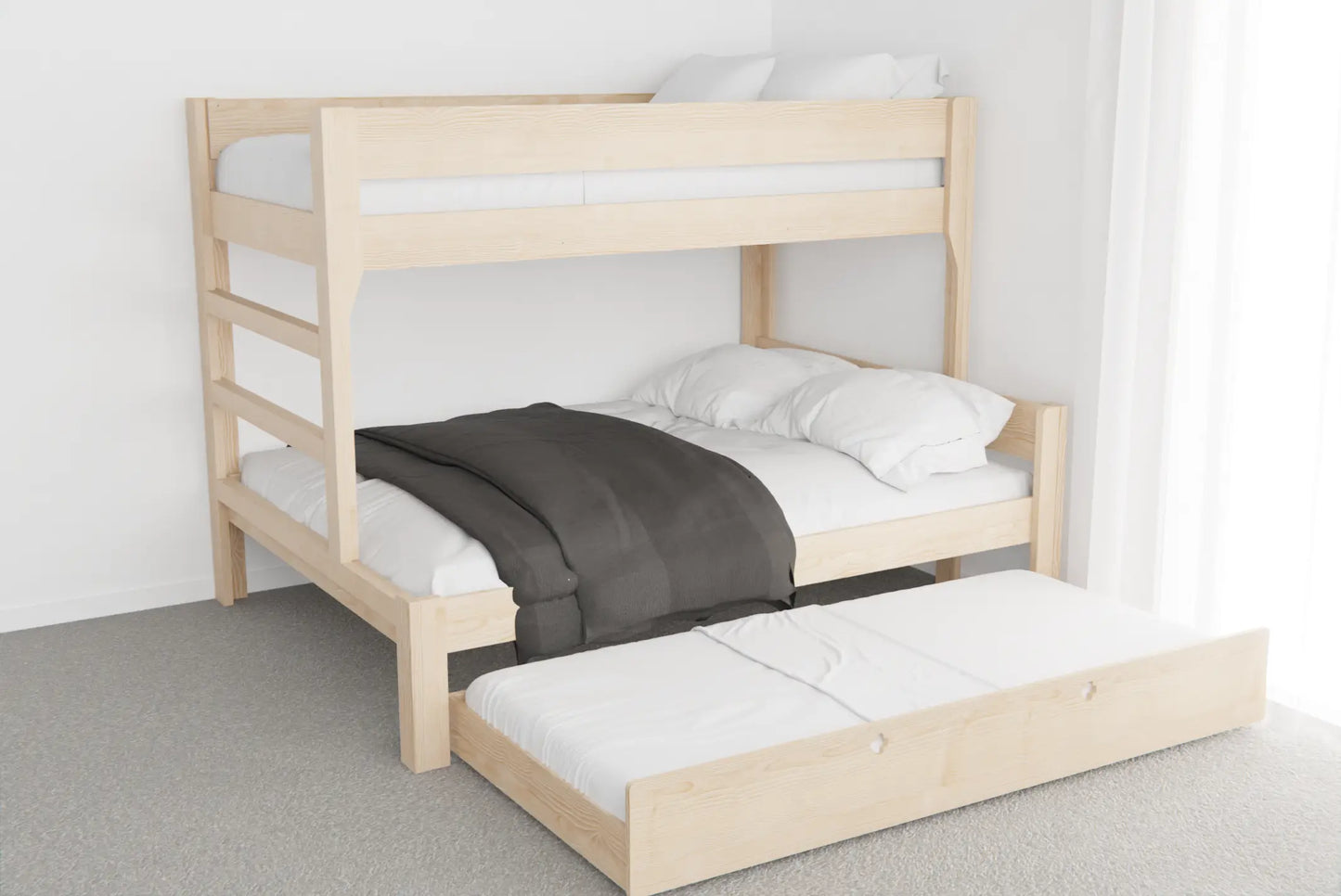 Light NZ pine family bunk with Queen lower bed, Single top bunk and white trundle pulled out ready for a guest