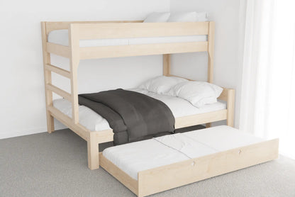 Light NZ pine family bunk with Queen lower bed, Single top bunk and white trundle pulled out ready for a guest