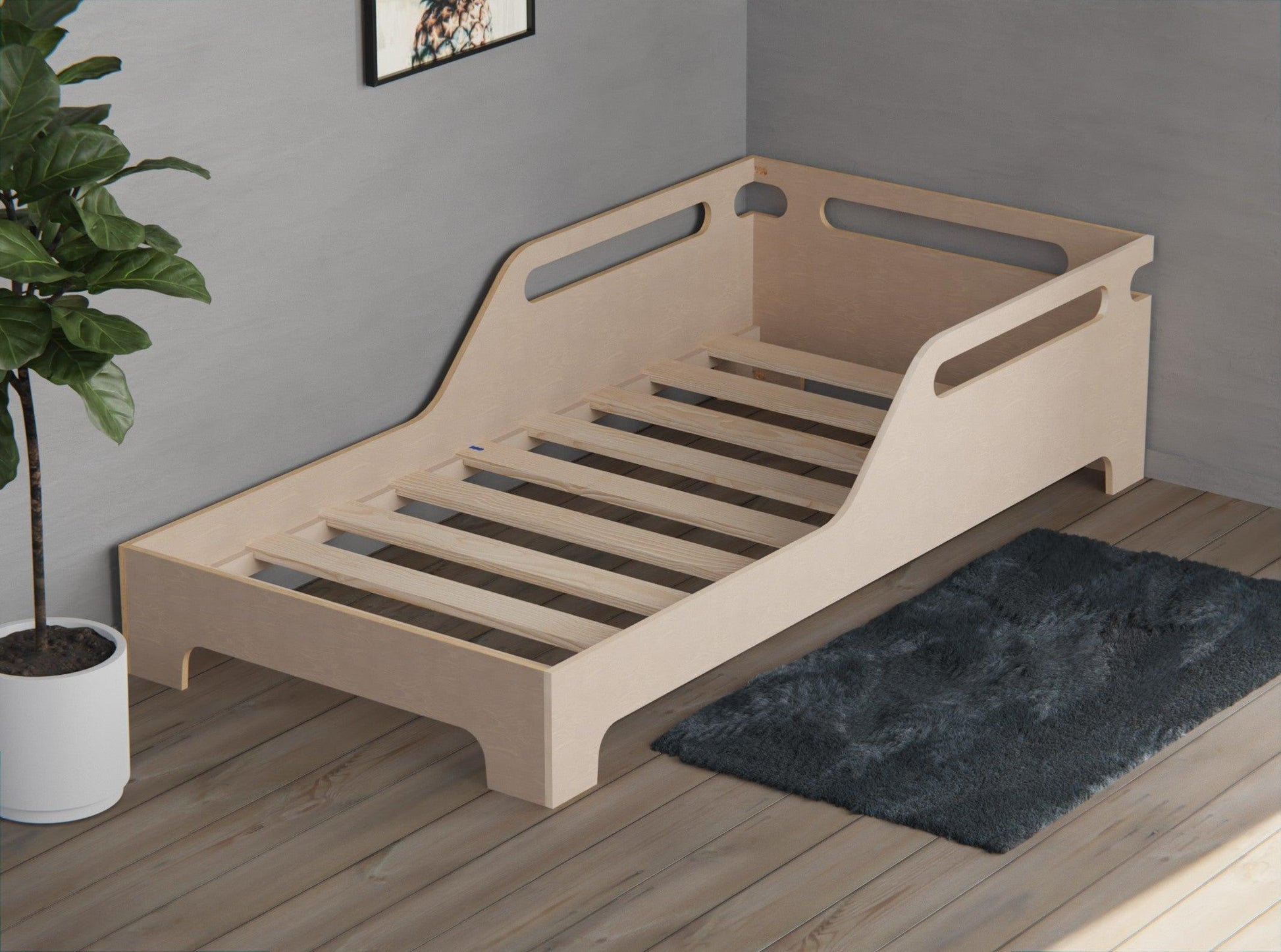 Low children's bed frame from plywood.