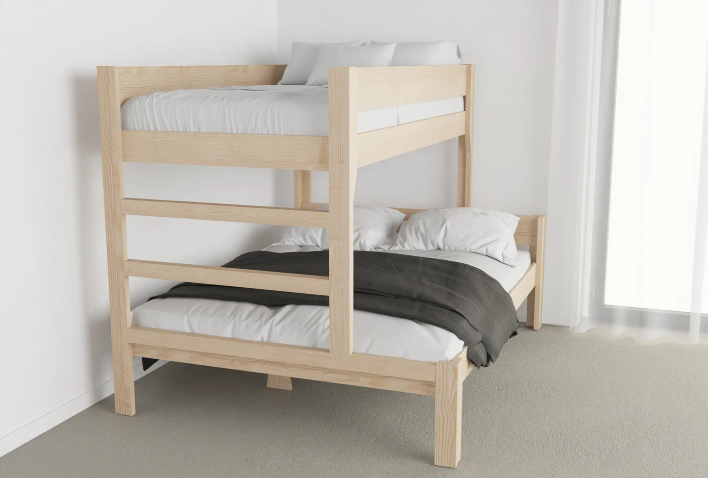 Simple NZ pine family bunk bed with roomy lower mattress and cosy top bunk against a white bedroom wall