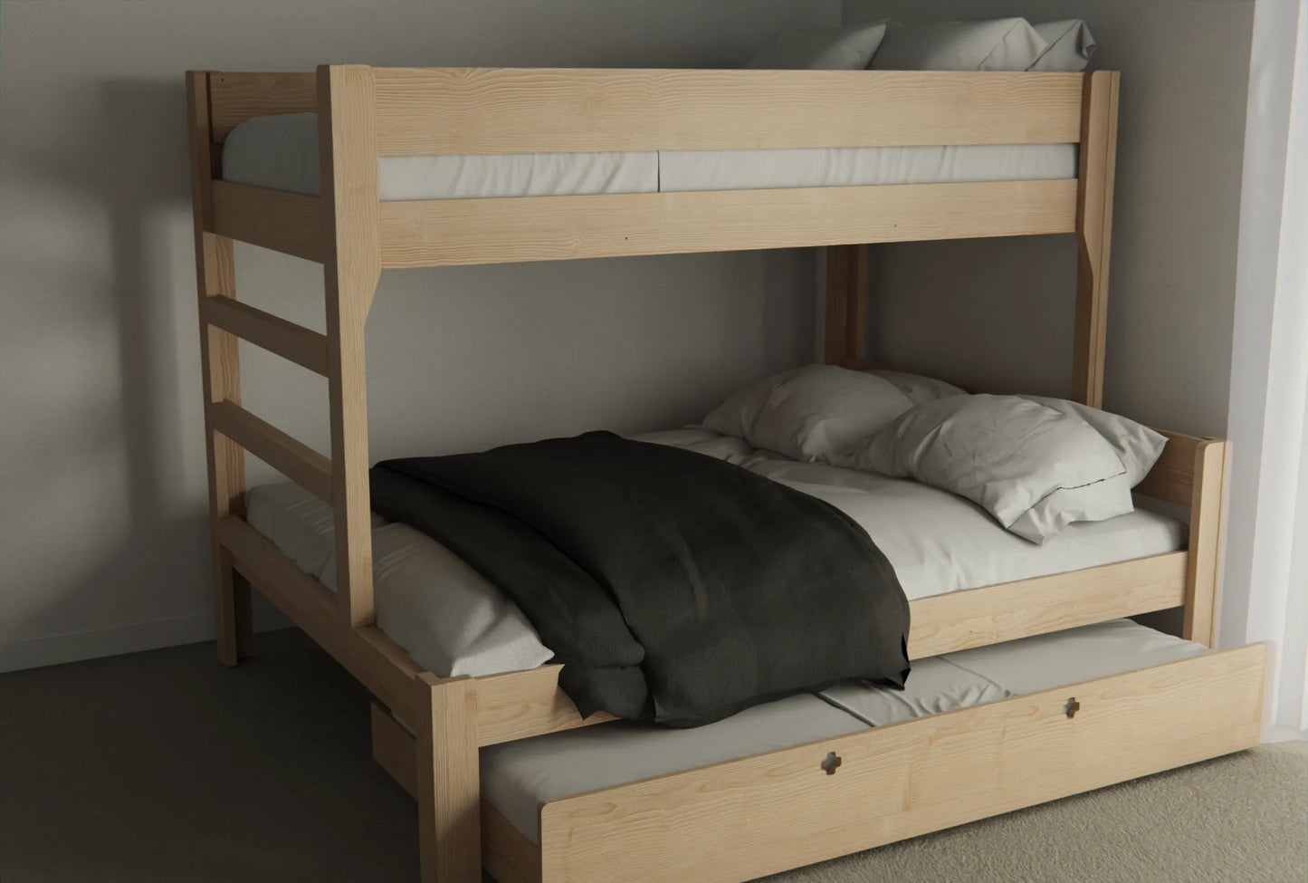 Family bunk bed in solid NZ pine with high top guard rail and low trundle bed for extra sleepover space