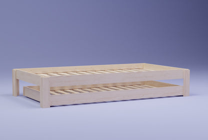 Transform your interior with our elegant, space-saving bed frame with trundle. Made from natural NZ Pine