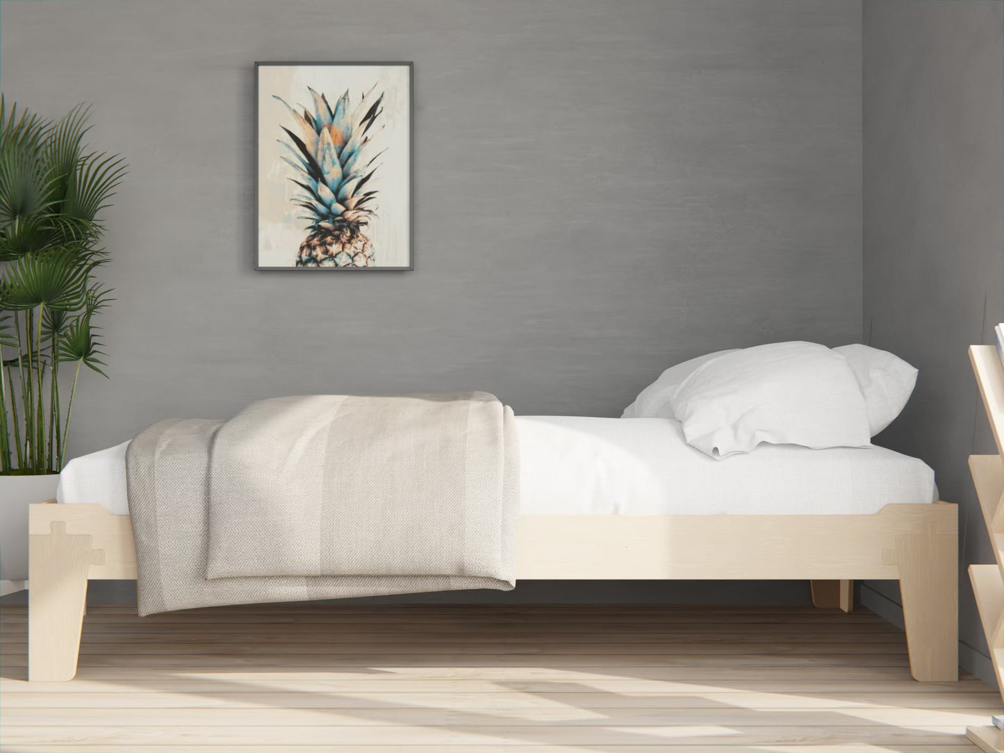 Low, toddler-friendly plywood bed, flip later for a full floor bed