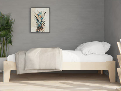 Low, toddler-friendly plywood bed, flip later for a full floor bed
