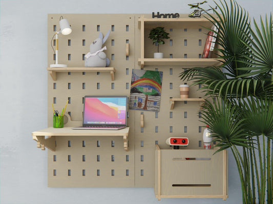 Unleash creativity with our plywood pegboard, complete with a desk-easel and storage shelves for little artists!