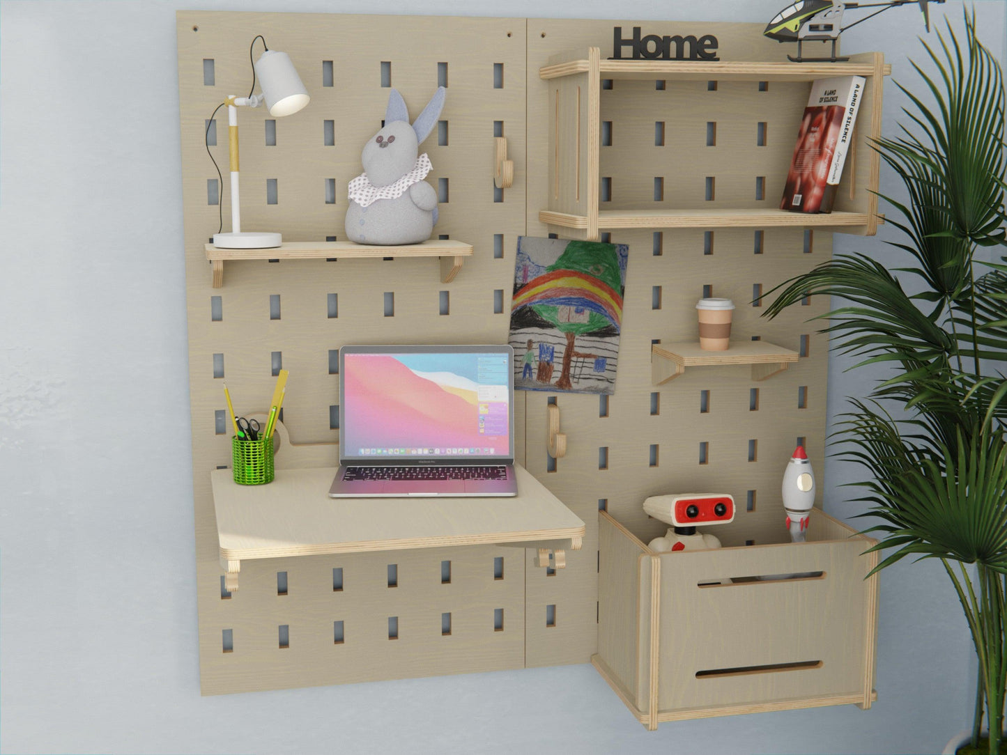 Transform your kid's space with our plywood pegboard featuring a desk-easel. Encourage their imagination!