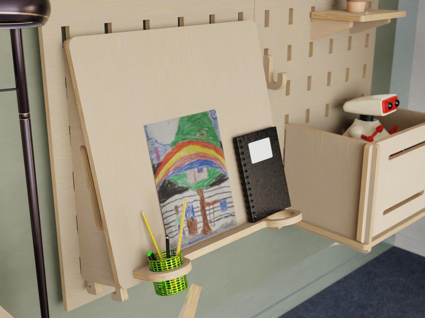Our plywood pegboard & desk-easel - a perfect blend of creativity and tidiness. Let your little one's imagination run wild!