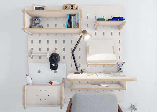 Revolutionise your study space with our adjustable desk and plywood pegboard. Stylish, functional, and space-saving!