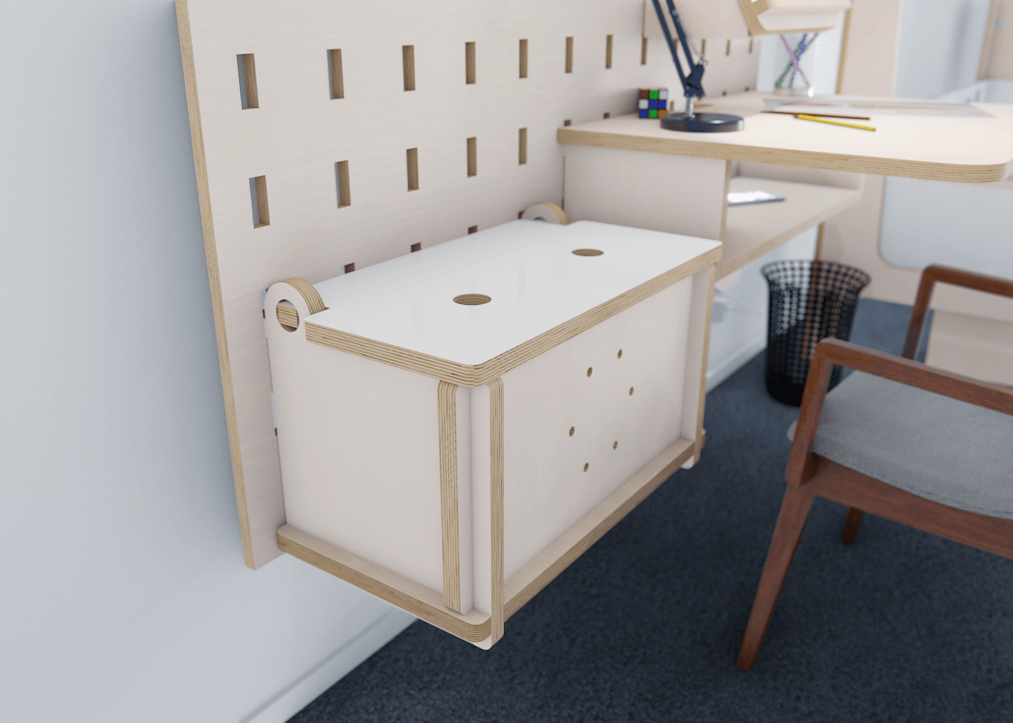 Unleash the potential of small spaces with our plywood pegboard and adjustable desk. Organise in style!