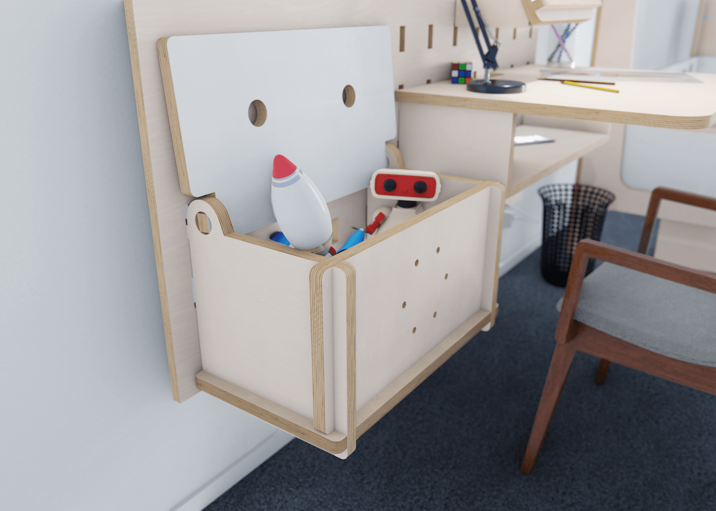 Craft a dream workspace for your child with our wall-mounted desk organizer and plywood pegboard. Compact and smart!