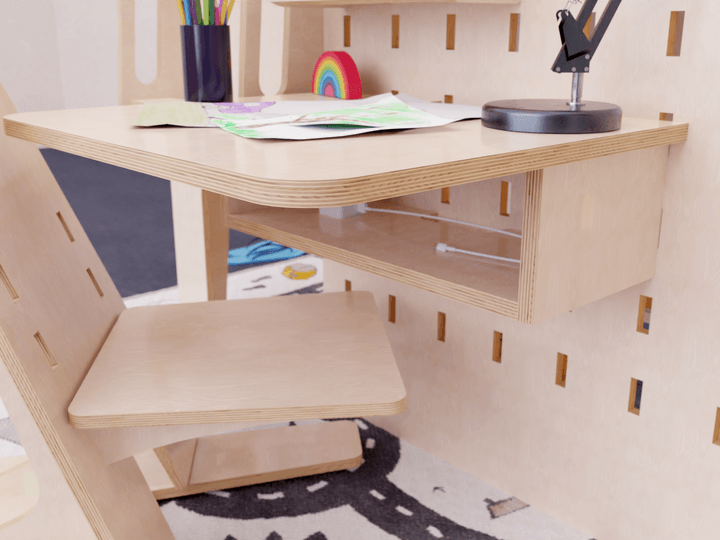 Our wall-mounted desk organizer and plywood pegboard - the perfect duo for any child's room. Space-saving, stylish, and superbly functional!