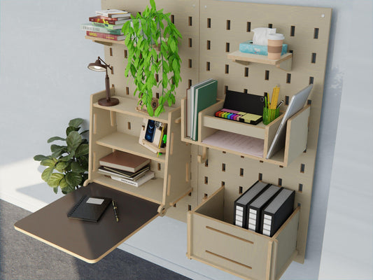 Discover the elegance of minimalism with our plywood pegboard, complete with a foldable desk and shelves!