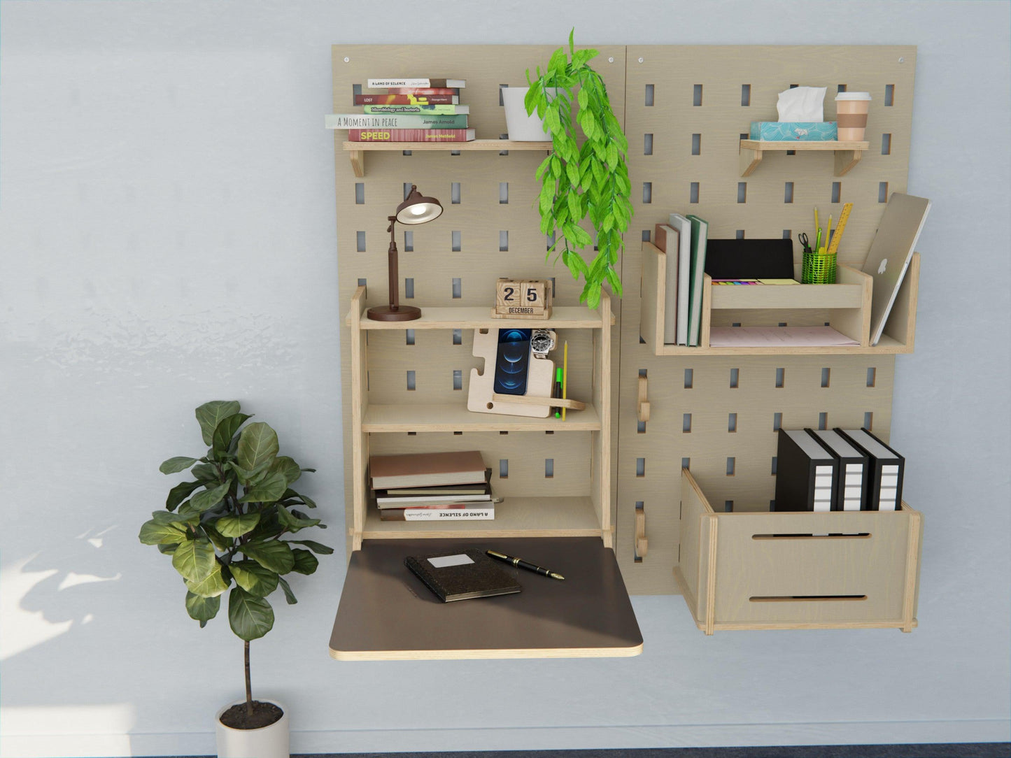 Enhance your workspace with our plywood pegboard featuring a foldable desk. Maximising space and style!