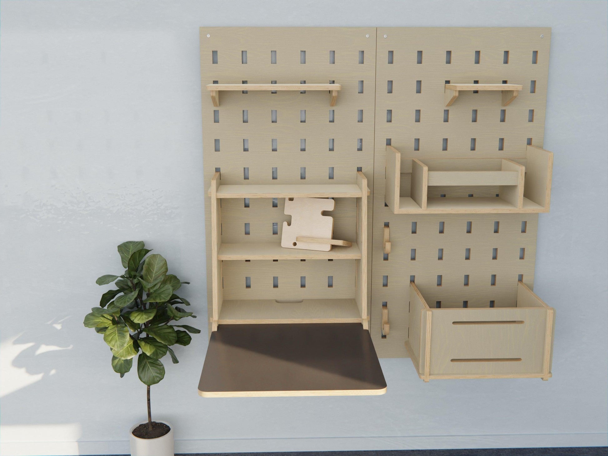 Revolutionize your work area with our plywood pegboard, coupled with a smart foldable desk and versatile shelves!