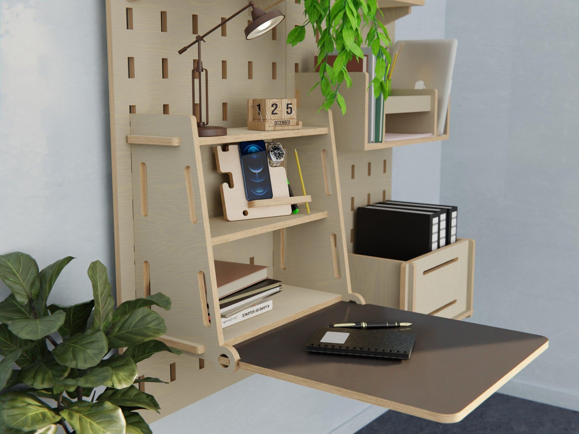 Unlock the potential of your space with our functional plywood pegboard, featuring a foldable desk and plenty of shelf storage!
