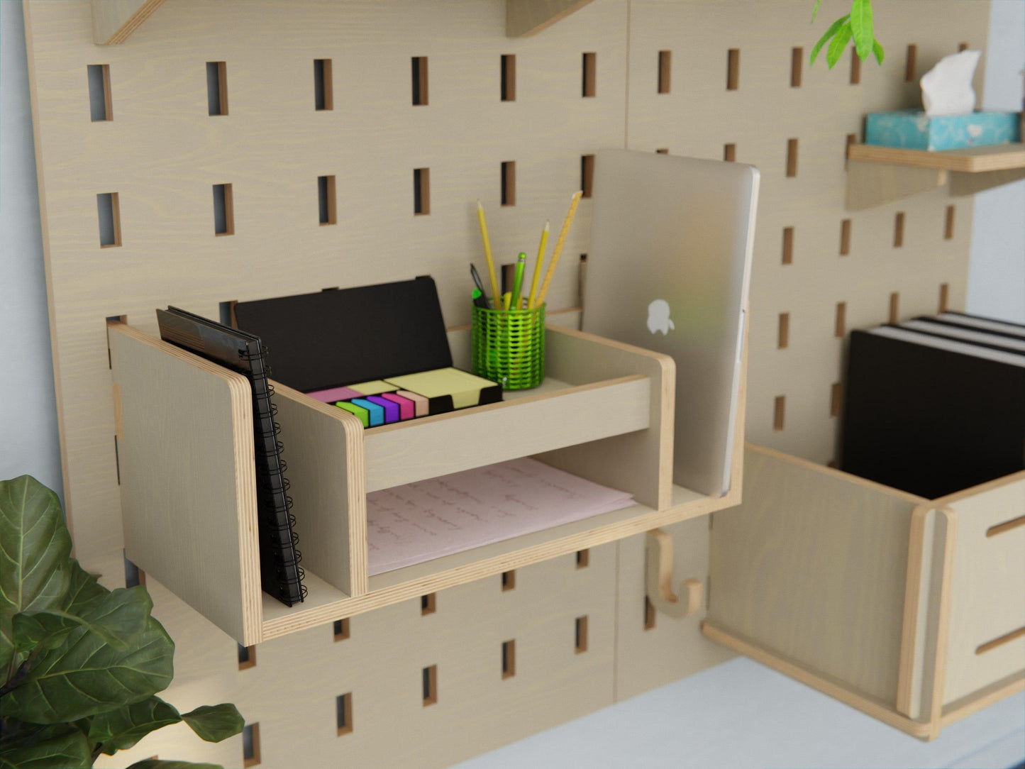 Transform your work zone with our plywood pegboard. The foldable desk and shelves offer unmatched versatility!
