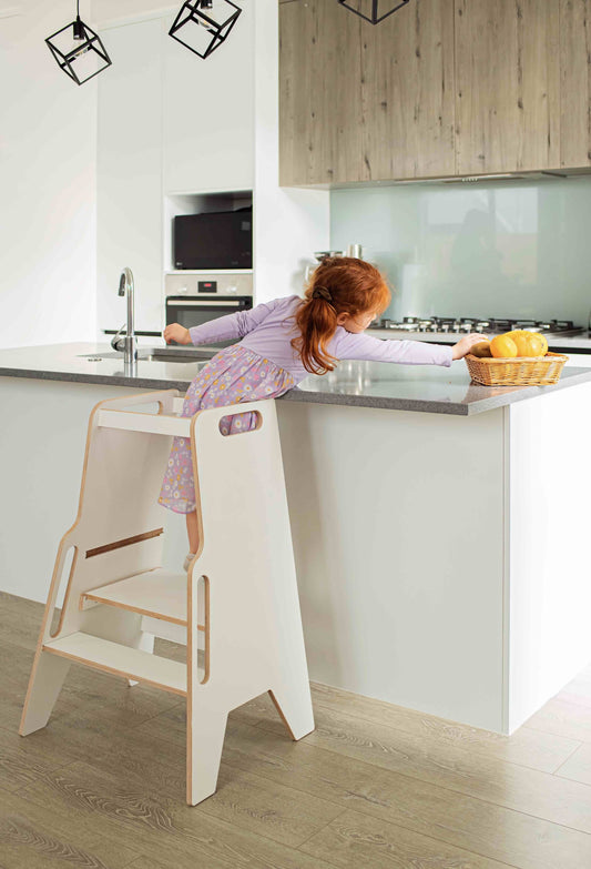 Super-stable, wobble-free learning tower that keeps kids secure while they help at bench height