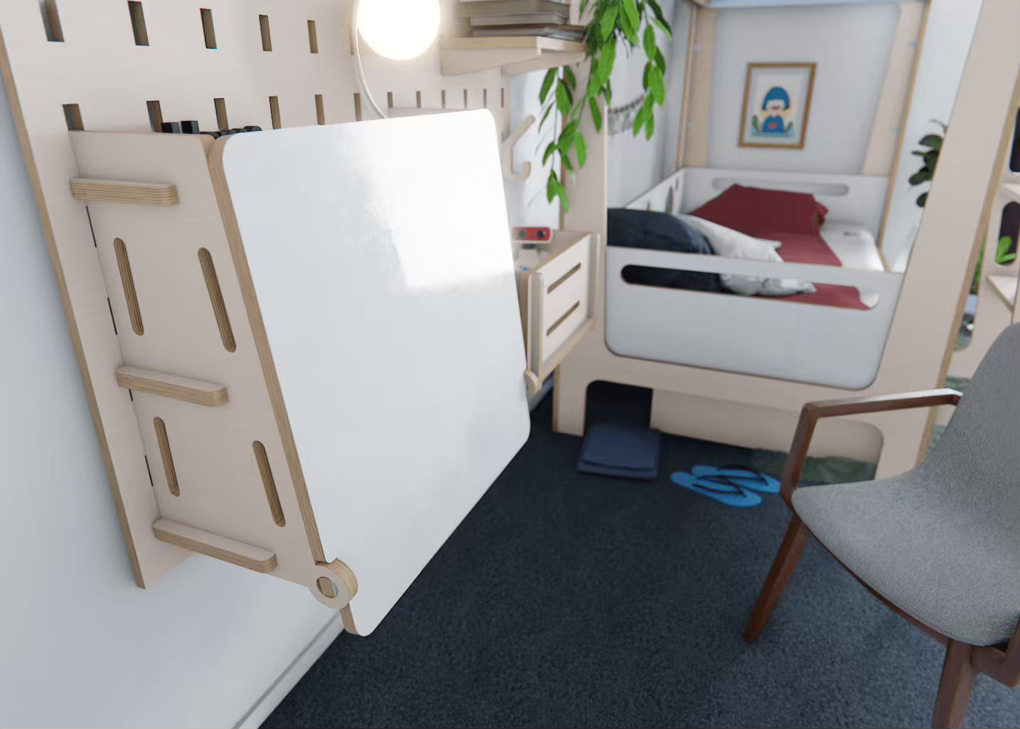 Wall-mounted birch ply desk that folds away to save space in home or study rooms