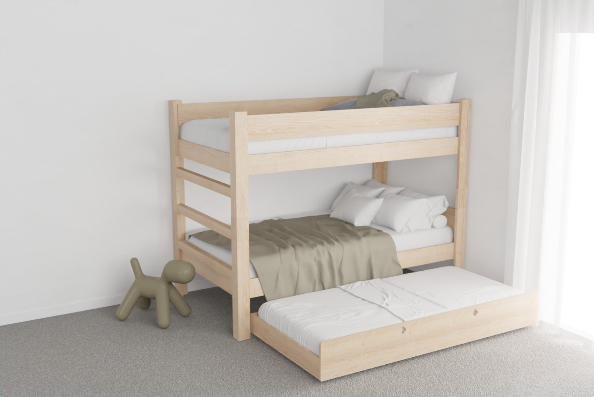 Wooden storage drawers under NZ pine bunk bed for extra space