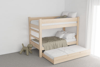 Wooden storage drawers under NZ pine bunk bed for extra space