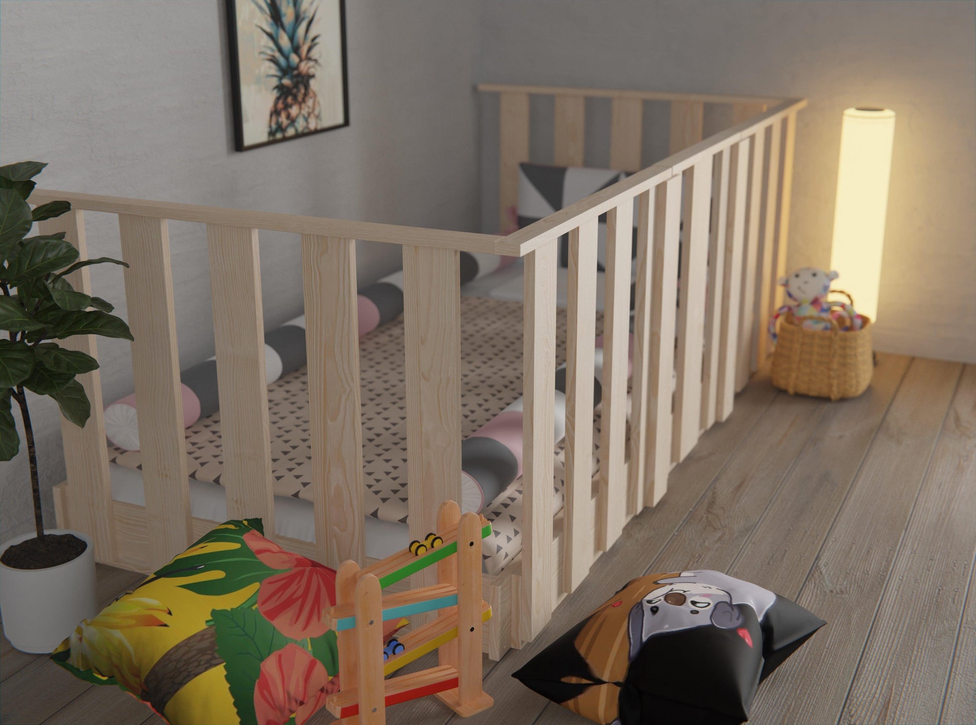 Montessori low bed frame with rails.