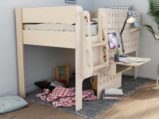 Discover our wooden low loft bed with an integrated study desk. Your child's favourite place for dreams and learning.