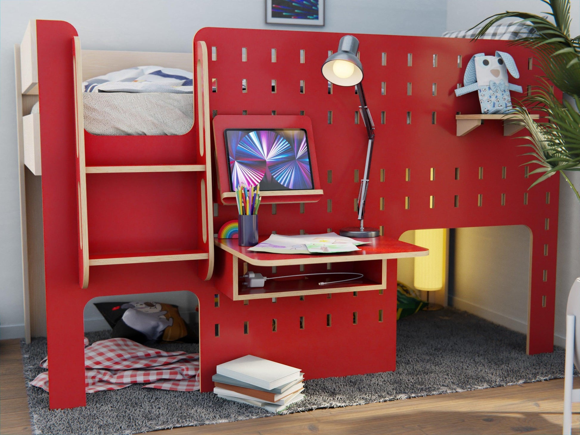 Maximise space without compromising on style with our innovative wooden low loft bed, featuring a cozy sleeping area and a functional study desk.