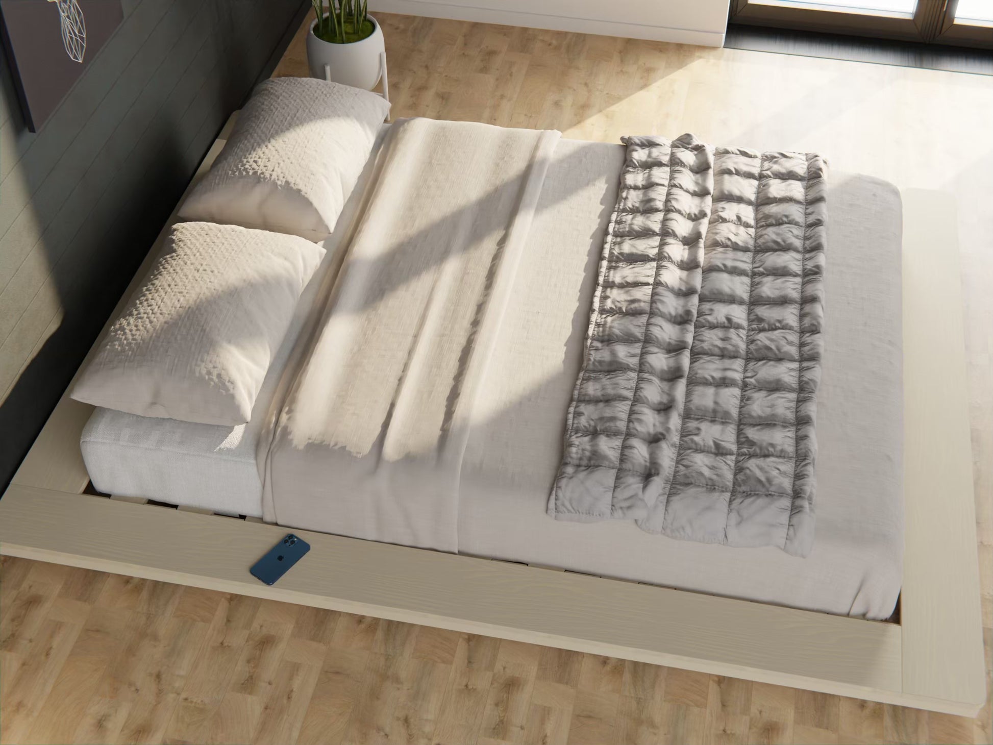 Floating low platform bed frame in solid wood—tatami-inspired with a comfortable low-to-floor design