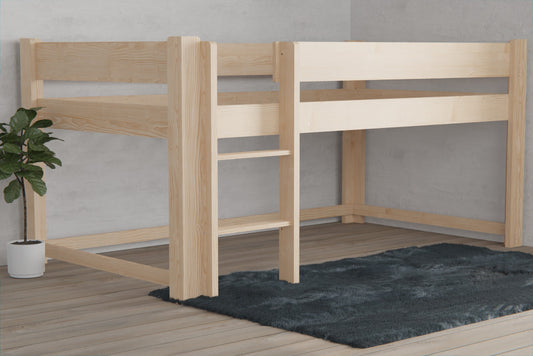 Safe and stable low loft bed frame made from top-grade NZ pine, perfect for children aged 4 and above