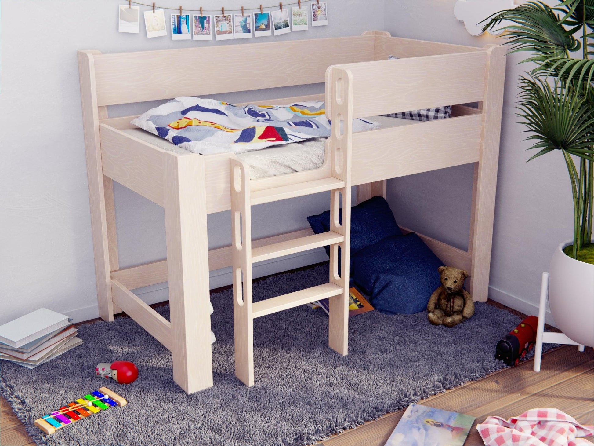 Delight in the rustic charm of our wooden low loft bed. Perfect for a dream-filled childhood.
