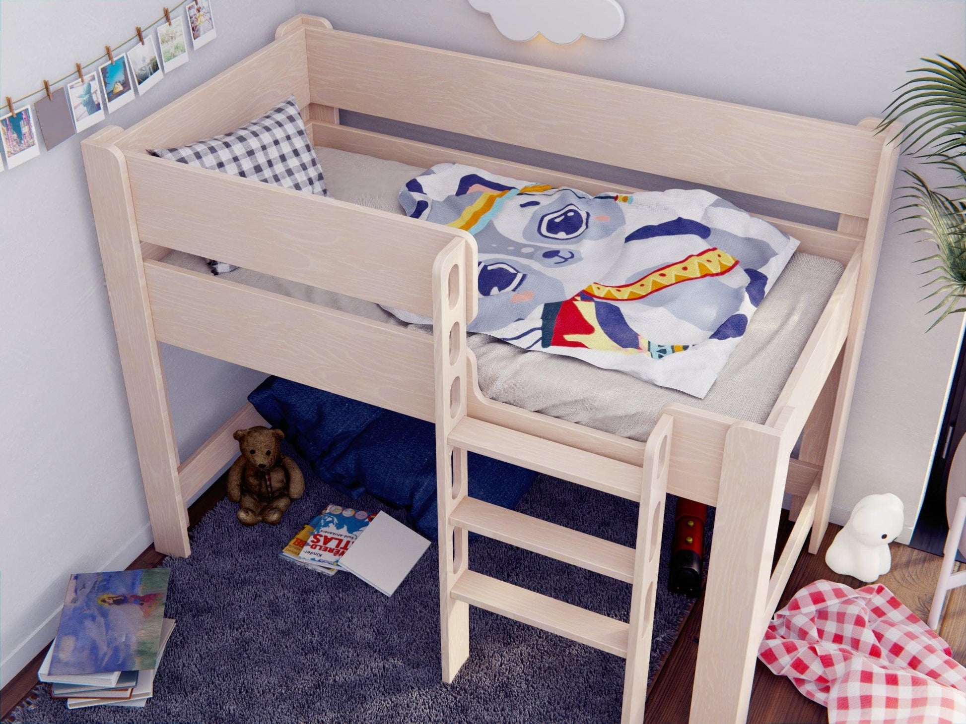 Upgrade bedtime with our wooden low loft bed, designed for sweet dreams and creative play.