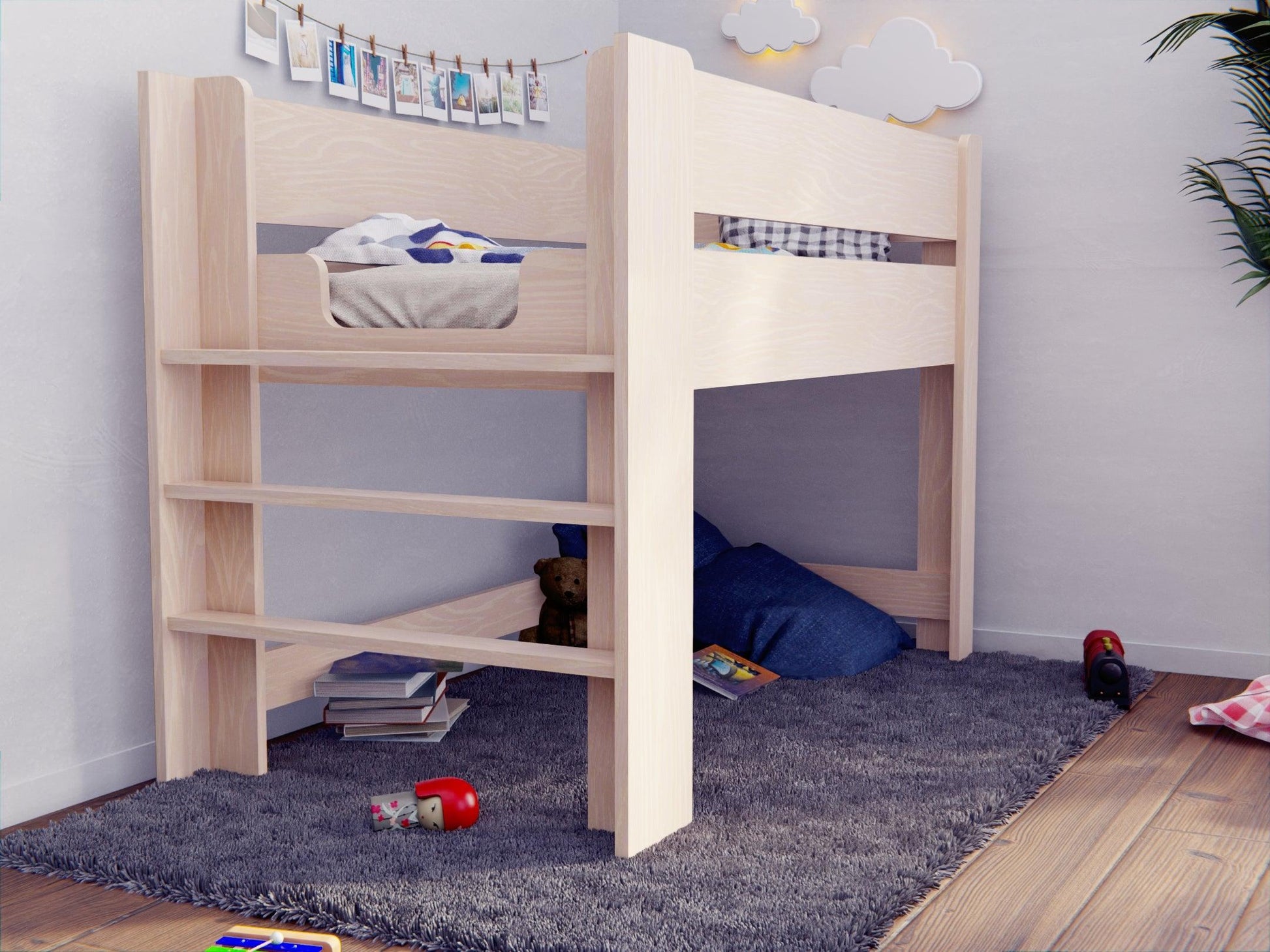 Explore a world of comfort with our wooden low loft bed - a stylish centrepiece for any kid's room.