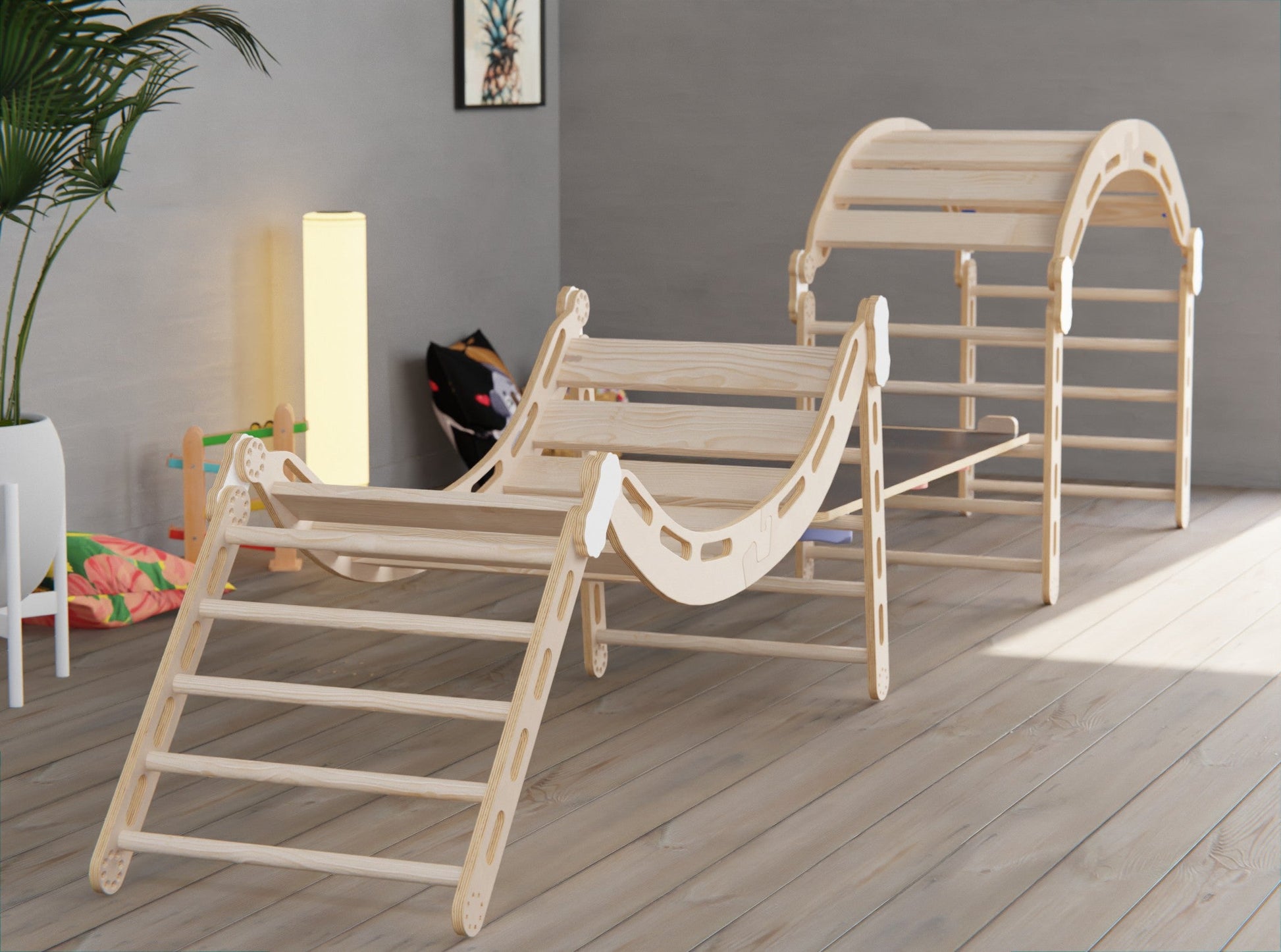 Explore infinite configurations with our Wooden Pikler Triangle & Arch. Enhance coordination, strength, and confidence.