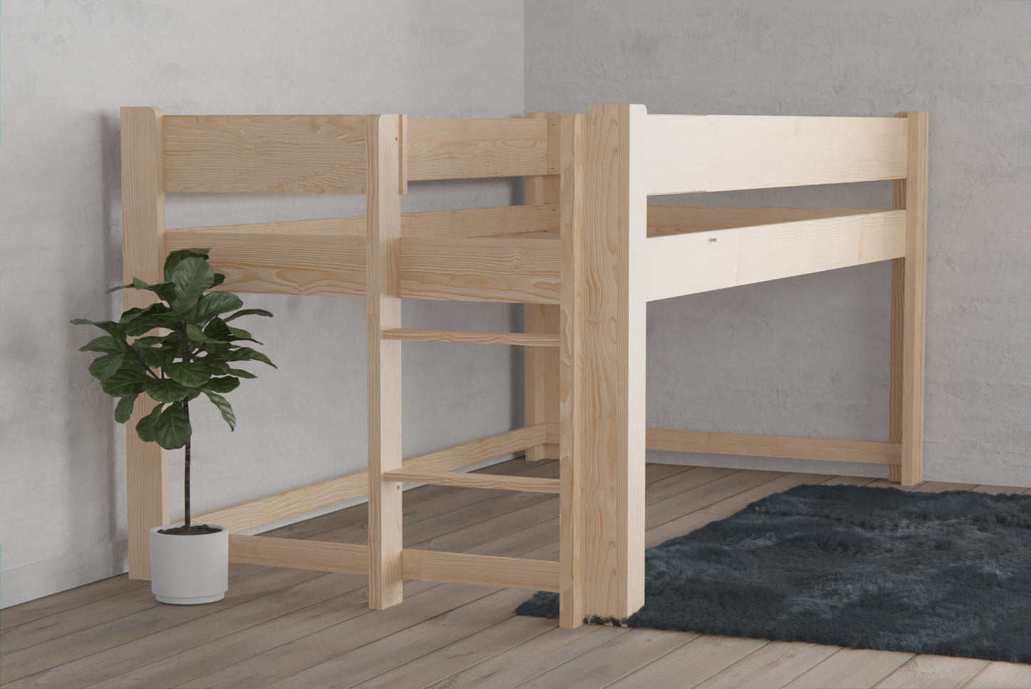 Customisable solid wood loft bed with space underneath for storage, a second mattress or play